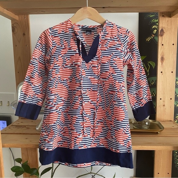 Oscar de la Renta Red Blue White Print Long Sleeve Tunic Dress - Picture 2 of 12